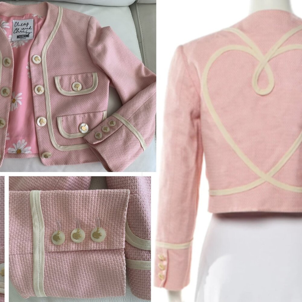 MOSCHINO Couture Italy Pink Jacket IVORY WHITE HEART TRIM USA 4 IT38 BOLERO